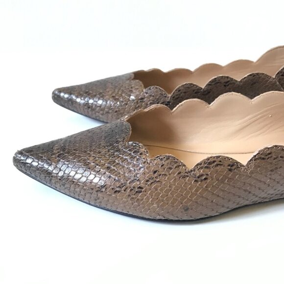 Chloe Lauren Scalloped Ballet Flats Womens 36.5 6 Brown Leather Snake Effect